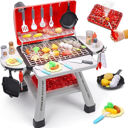 CUTE STONE Kids BBQ Grill Playset, Kitchen Toy Set, Realistic Smoke, Sound & Light,Kitchen Grill Playset,Toy Kitchen Accessories, Indoor Outdoor Interactive Pretend Play Toys for Boys Girls, 23.6" H
