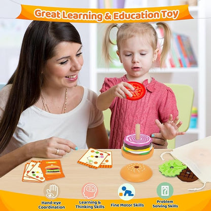 Jumlys Montessori Toys for 2, 3, 4, 5, Year Old, Wooden Burger Stacking Toys, Fine Motor Toys for Kids Boys Girls, Ideal Preschool Educational and Learning Toys, Perfect Christmas Birthday Gifts
