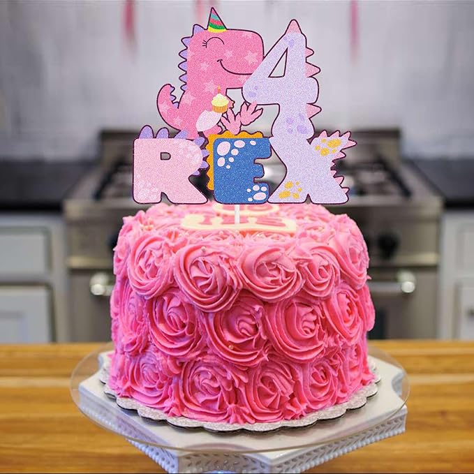 Pink Dinosaur Cake Toppers,Dinosaur 4 Rex Cake Topper, Four Rex Birthday Decorations for Girl Dinosaur 4 Years Old Birthday Party Supplies
