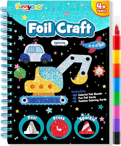 Foil Art Craft Activity for Kids: Fun DIY Toy Sticker Kit, No Mess Creative Travel Supply Set, Idea Birthday Easter Basket Stuffers Valentines Gift for Girl Boy Toddler 4 5 6 7 8 9 Year Old（Vehicle）