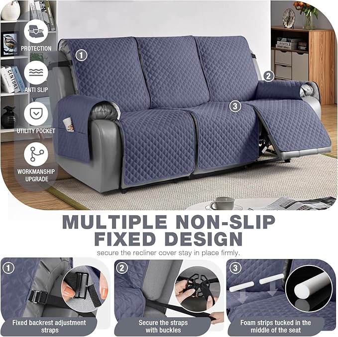 TAOCOCO Recliner Sofa Slipcover Couch Covers for 3 Cushion Couch, Pet Sofa Cover for 3 Seat Recliner Sofa, Washable Reclining Sofa Cover Furniture Protector with Elastic Straps(3 Seater, Bluish Grey)