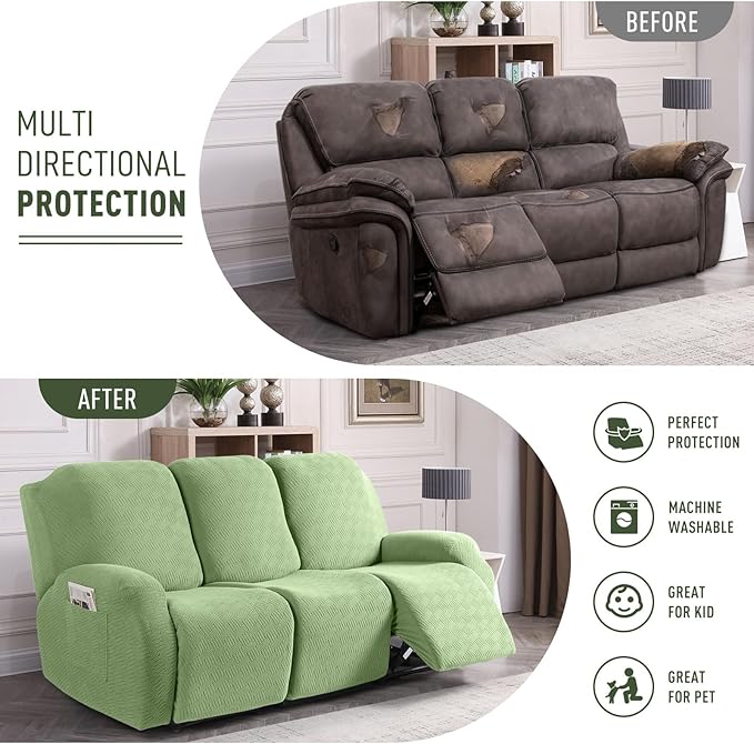 KinCam Recliner Covers, Stretch Reclining Chair Covers, Recliner Sofa Slipcovers Stripe Jacquard Recliner Couch Covers Furniture Protector Covers for Pet Kid (3 Seater, Light Green)