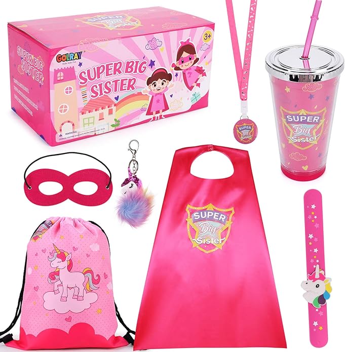 Golray Super Big Sister Gifts Set with Superhero Cape Eyemask Unicorn Slap Bracelets Necklace, Drawstring Backpack, Unicorn Keychain, Insulated Plastic Tumbler Cup Big Sister Gifts for Little Girls