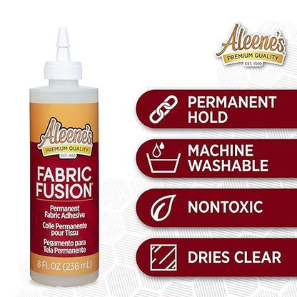 Aleene's Fabric Fusion Glue 8 fl oz, Permanent and Washable Adhesive, No-Sew Fabric Glue for Clothing, Denim, Polyester, Cotton, Flannel Materials, Dries Flexible