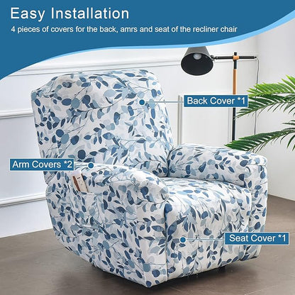 NILUOH Stretch Recliner Cover 4 Pieces Printed Lazy Boy Chair Covers Recliner Sofa Slipcover Anti-Slip Fitted Furniture Protector with Elastic Bottom, N1