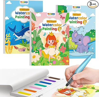 TECJOE 3 Pack Paint with Water Coloring Books for Toddlers, Watercolor Paint Set with 6 Brushes, Painting Activity for Kids Ages 4 5 6 7 8, Christmas Gift Arts & Crafts Toy, Princess, Forest & Sea