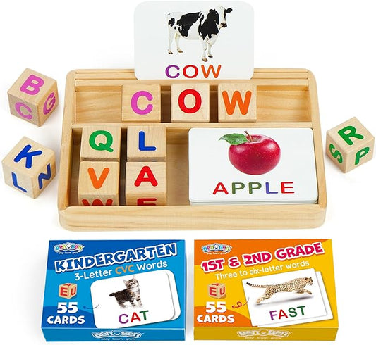 BenBen Spelling Games with 110 Flash Cards, Montessori Toys for 3 4 5 6 Years Old Kids, Wooden Matching Letters Toys, CVC Word Educational Learning Toys, Gift for Preschool Kindergarten