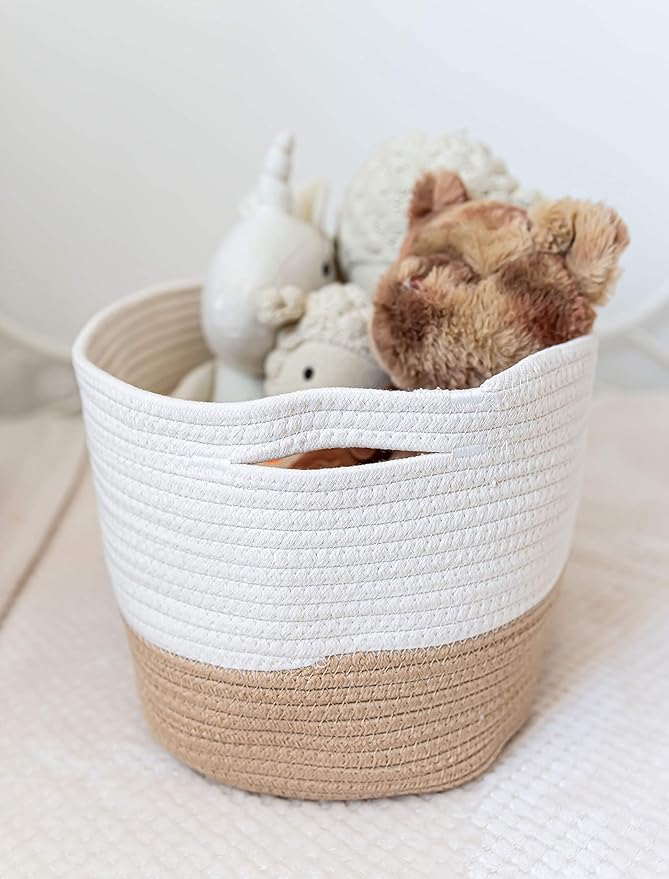 OrganiHaus Cotton Rope Basket for Shelf - Woven Storage Basket for Organizing, Closet & Toy Storage - Honey/Off-White - 15x9x10