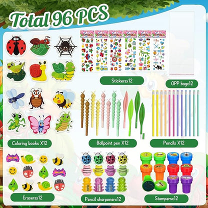 96 Pcs Insect Party Favors，Bug Bee Party Goodie Bags Fillers Bulk，Spring Insects Bug Game Pinata Gift Class Prizes Erasers Pens Pencils Stickers Stamps for School Birthday Spring Summer Party