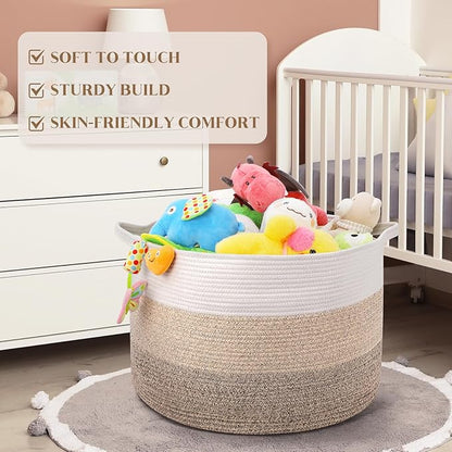 Maliton Extra Large Blanket Basket Living Room, 22" X 22" X 14" Woven Cotton Rope Laundry Basket Toy Baskets with Handle Storage Comforter Cushions Clothes Thread Laundry Hamper