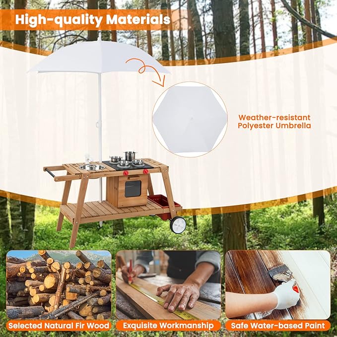 HONEY JOY Mud Kitchen with Umbrella, Wooden Rolling Mud Table Cart, Toddler Outdoor Kitchen Playset, Sink, Faucet, Planting Pots, Utensils, Storage Cabinet, Mud Kitchen for Kids Outdoor with Wheels