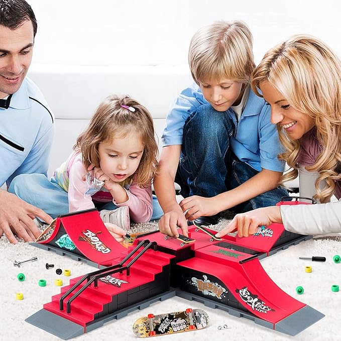 Fingerboard Skatepark Skate Park Kit, 6-in-1 Finger Skateboard Ramp Set Ultimate Parks Training Props with 6 Finger Skateboard 6 Finger Deck & Display Holder Finger Skate Toys for Kids Gifts