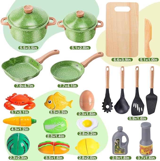 Play Kitchen Accessories Play Food Set for Kids, Stainless Steel Pots and Pans Cooking Set for Toddlers Pretend Food Toys, Kitchen Playset for Kids Ages 4-8 Birthday for Boys and Girls