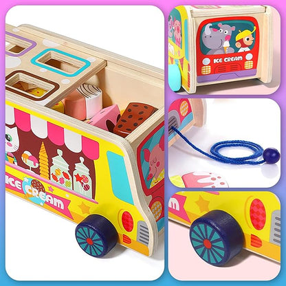 Tamy&Zee Wooden Ice Cream Truck, 27 pcs Magnetic Ice Cream Pretend Play Food & Accessories, Montessori Sorting & Stacking Toys for Toddler Girls & Boys Age 3+…
