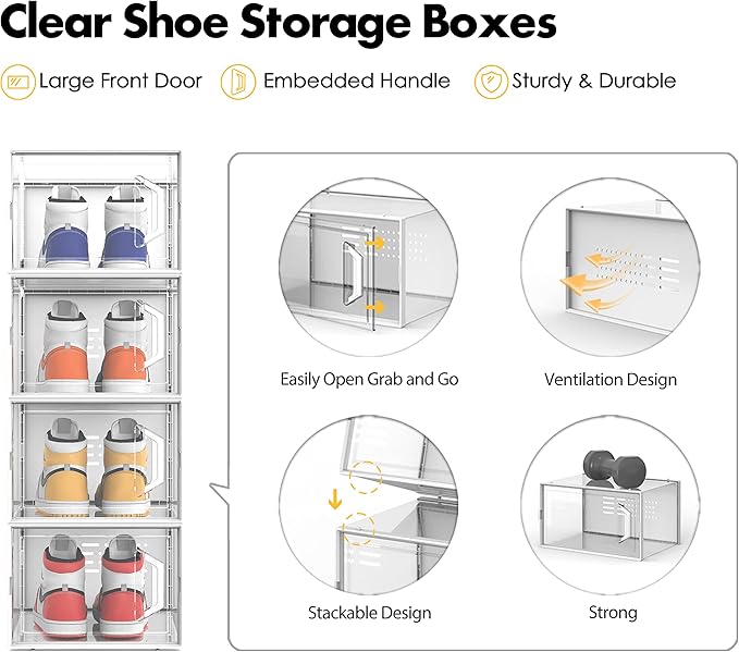 SEE SPRING XX-Large Shoe Storage Box Fit Size 14, Clear Plastic Stackable Shoe Organizer for Closet, Space Saving Sneaker Shoe Rack Containers Bins Holders for Entryway, Under Bed, 12 Pack Black