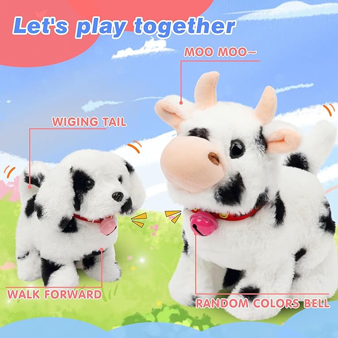 Hopearl Walking Cow Interactive Electronic Pet Plush Diary Cattle Toy with Sounds and Movements MOO Nodding Head Wag Tail Animated Gift for Toddlers Birthday, Black, 7''