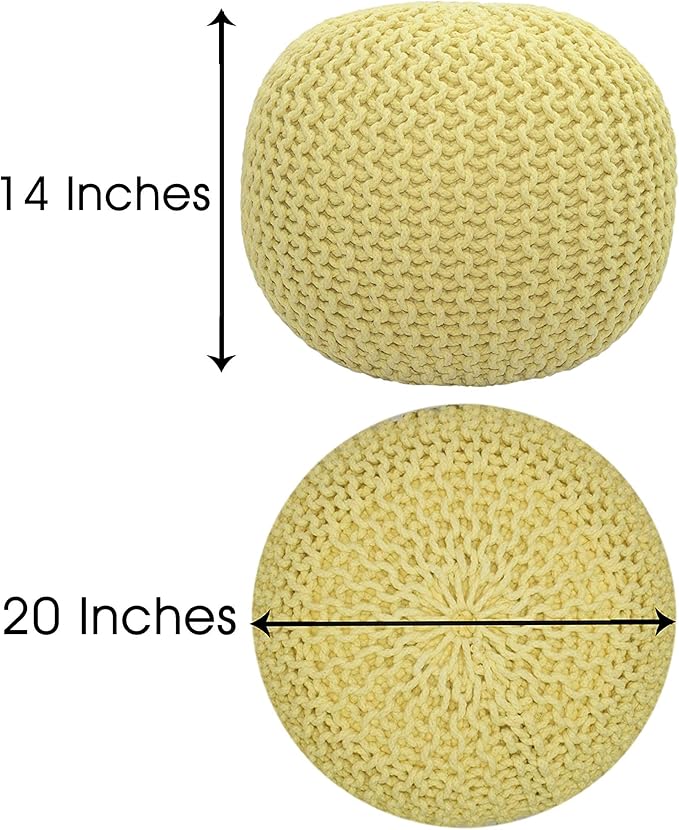 COTTON CRAFT - Hand Knitted Cable Style Dori Pouf - Yellow - Floor Ottoman - Cotton Braid Cord - Handmade & Hand Stitched - Truly one of a Kind Seating - 20 Dia x 14 High