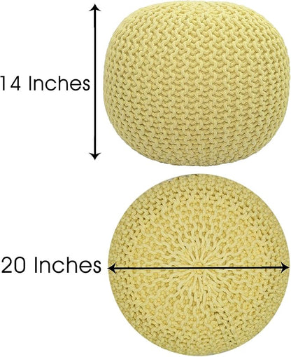 COTTON CRAFT - Hand Knitted Cable Style Dori Pouf - Yellow - Floor Ottoman - Cotton Braid Cord - Handmade & Hand Stitched - Truly one of a Kind Seating - 20 Dia x 14 High