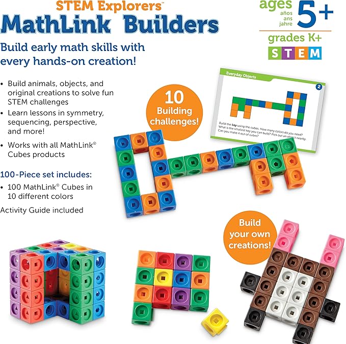 Learning Resources STEM Explorers MathLink Builders - 100 Pieces, Ages 5+, Kindergarten STEM Activities, Math Activity Set and Games for Kids, Linking Cubes, Connecting Cubes