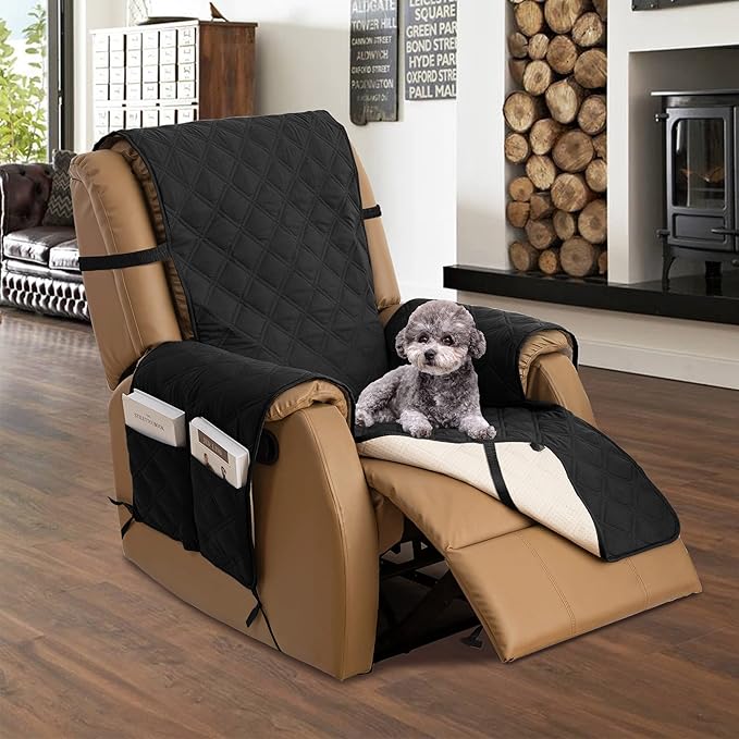 TOMORO Non-Slip Oversized Recliner Cover, 100% Waterproof Quilted Recliner Chair Slipcover Furniture Protector with Pockets, Washable Couch Cover with Elastic Straps for Kids and Pets