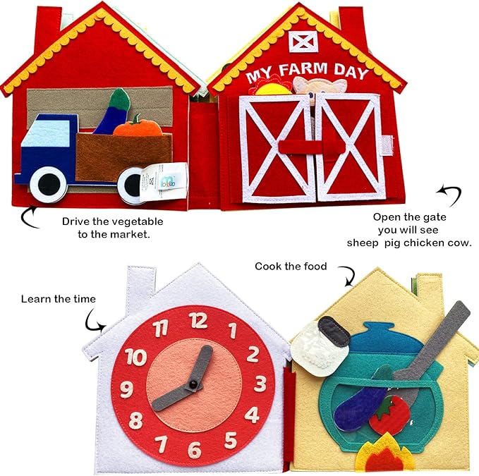 Quiet Book Toddler Book Farm Animals Activity Busy Book Felt Book for Toddlers 2-3 4 Year Old Boy Girl Montessori Toys Cloth Book (My Farm Day)