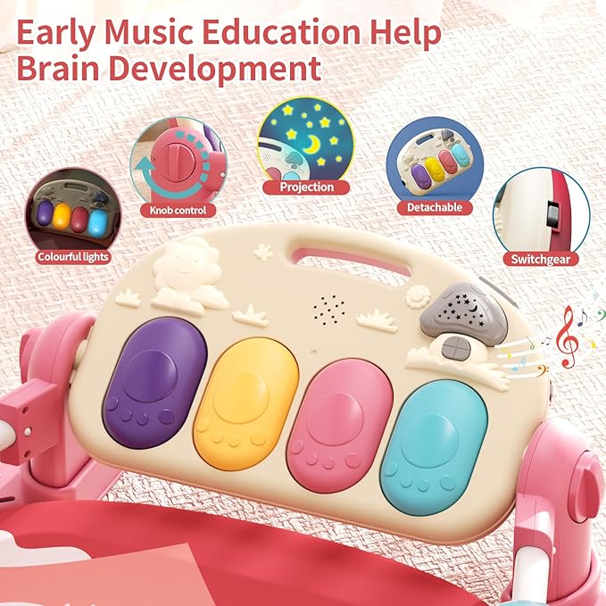 Jovow Baby Gym with Musical Piano,Baby Play Mat Tummy Time Baby Activity Gym Mat with 5 Infant Learning Sensory for Baby, Music and Lights Boy or Girl for Newborn（Pink）