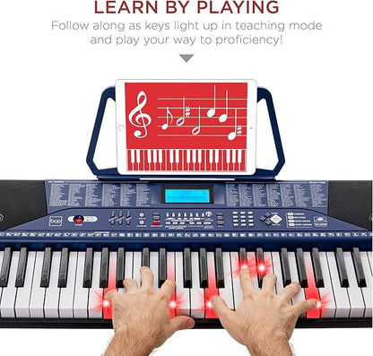 Best Choice Products 61-Key Beginners Complete Electronic Keyboard Piano Set w/Lighted Keys, LCD Screen, Headphones, Stand, Bench, Teaching Modes, Note Stickers, Built-In Speakers - Blue