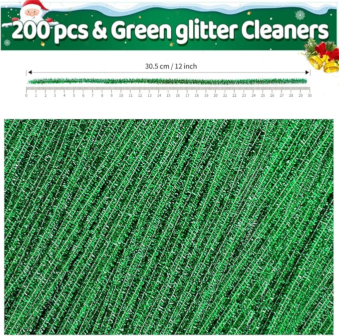Iooleem 200pcs Green Glitter Pipe Cleaners, Glitter Chenille Stems, Pipe Cleaners for Crafts, Pipe Cleaner Crafts, Art and Craft Supplies, Christmas Pipe Cleaners.