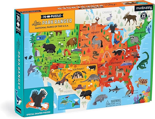 Mudpuppy National Parks Map – 70 Piece Geography Puzzle with Special Shaped Pieces Featuring Famous National Parks and Animals Across The United States