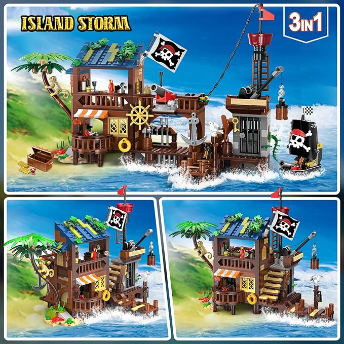 3 Style Pirate Ship Wharf Building Toy with LED Light - 781PCS Medieval Pirate's House Building Block Set, Architecture Bricks Kit for Kids Girls Boys Ages 6-12+ Birthday Gifts