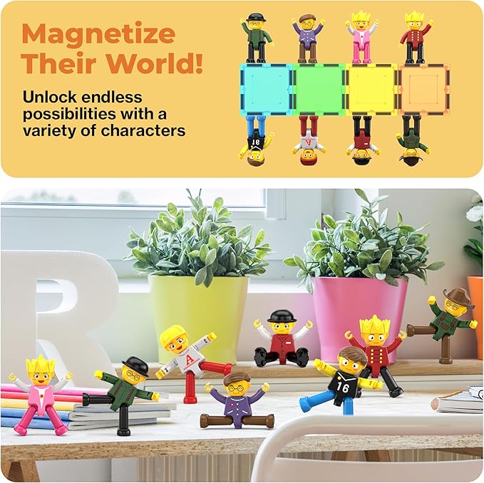 PicassoTiles Magnetic Figures 8 Piece Character Action Figure Toddler Toy Set Magnet Expansion Variety Pack Play People Add-ons STEM Learning Kit Pretend Playset for Construction Building Block PTA03