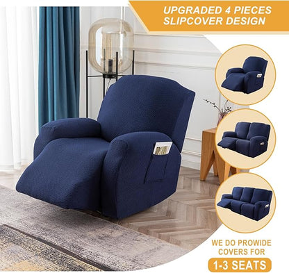 Genina Recliner Chair Covers, Stretch Reclining Chair Covers, Recliner Sofa Slipcovers Stripe Jacquard Lazy Couch Covers Furniture Protector Covers for Pet Kid (Navy Blue, 1 Seat)