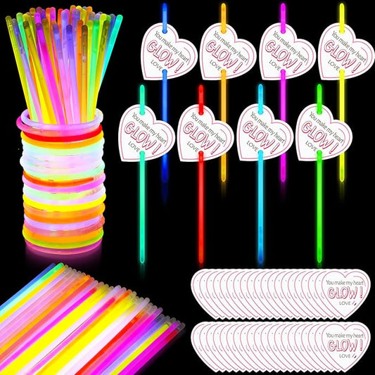 100 Sets Valentine's Day Party Supplies Gifts Include 100 Glow Sticks with 100 Heart Cards, Valentine Prize Exchange Cards Glow in the Dark Party Favors