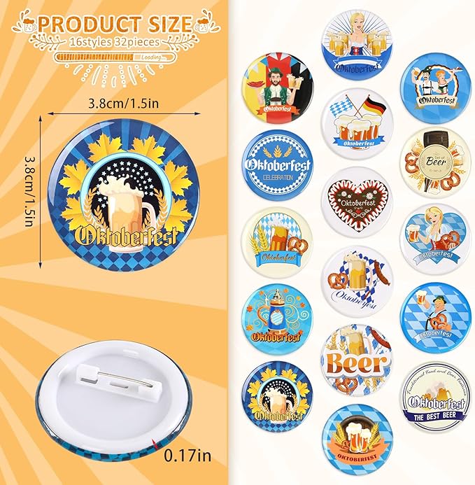 64PCS Oktoberfest Party Favors Set 32pcs Silicone Bracelets and 32pcs Button Badges Pins for Bavarian Beer Festival Oktoberfest Party Decorations Goodie Bag Fillers Supplies
