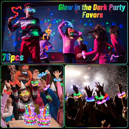 76 Pcs Glow Sticks Light Up Pop Tubes &LED Glasses Party Favors, Glow Bracelets Necklaces Camping Toys, Rave Neon Flashing Glasses for Birthday Return Gift Goodie Bag Christmas Stuffer School Prizes