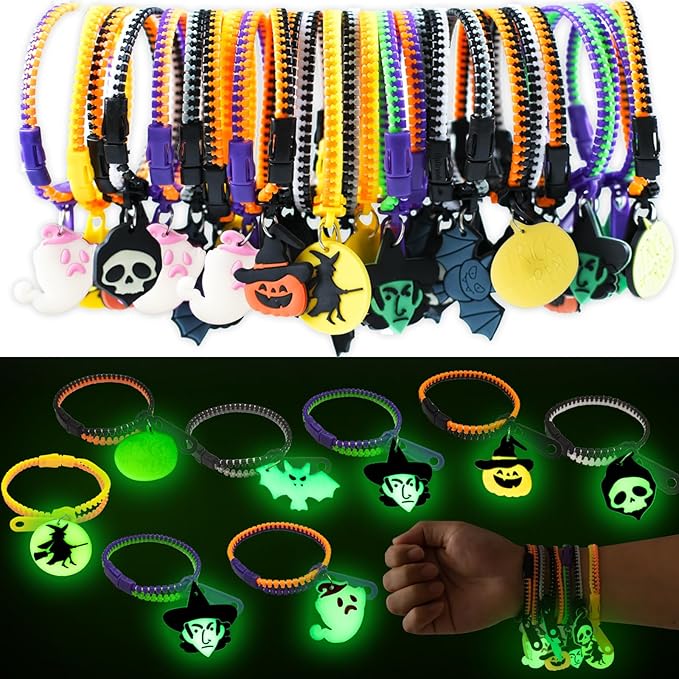 Kids Halloween Party Favors Zipper Bracelets, 28 Pack Glow in the Dark Halloween Zipper Wristbands for Kids Halloween Gifts, Halloween Giveaways, Halloween Goodie Bag Fillers, Kids Halloween Supplies