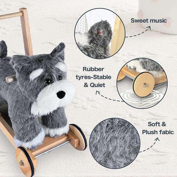 Rock My Baby Wooden Baby Walker, 2-in-1 Baby Push Walker & Ride On Toy for Toddlers 12M+, Learning to Walk Toy with Sweet Music, Soft Cuddly Dog Toy for Boys Girls (Schnauzer Dog) CPC Certified