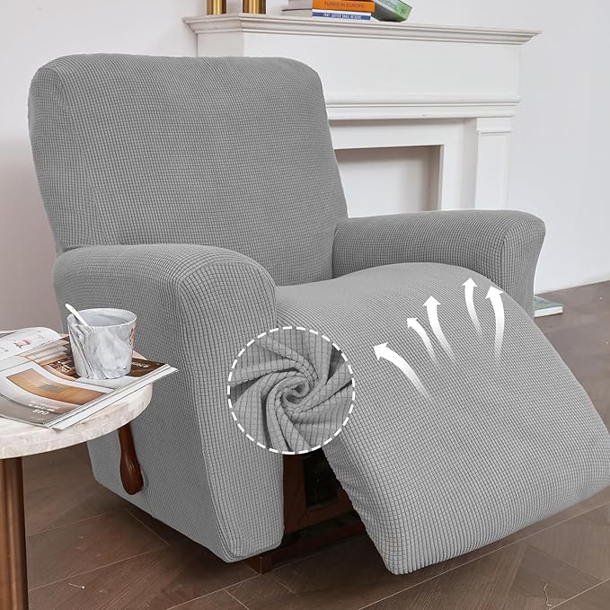 KEKUOU Recliner Chair Covers Lazy Boy Recliner Covers Stretch Couch Cover Slipcovers 1 Piece Furniture Protector with Elastic Bottom for Dog,Kids.(Recliner, Silver)
