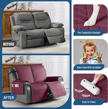 TAOCOCO 100% Waterproof Loveseat Recliner Cover-Recliner Cover with Non-Slip Granule, Recliner Chair Covers with Elastic Band,Washable Recliner Chair/Furniture Protector for Pets(Wine, 2 Seater)