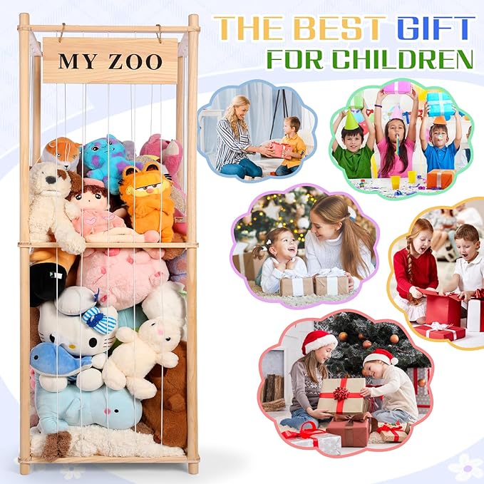 GLDZI Stuffed Animal Storage Zoo, Wooden Stuffed Animal Organizer with Elastic Cords for Boys Girls, Space Saving Toy Plushies Storage Holder for Playroom, Bedroom, Living Room (Burlywood, Large)