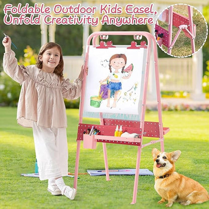 FUNLIO Foldable Outdoor Easel for Kids Aged 3+, Double-Sided Kids Easel with 2 Acrylic Boards & 21 pcs Accessories, Waterproof & Sunproof Art Easel for Kids, Portable & Stable - Pink