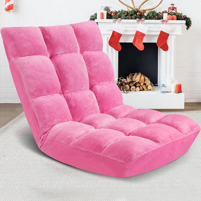 Folding Floor Chair 14-Position Cushioned Adjustable Floor Lazy Sofa Chair w/Breathable Cotton & Skin-Friendly Flannel for Adults & Kids Ideal for Reading Meditating, Pink