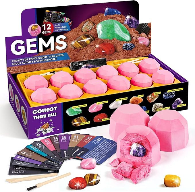Byncceh Gemstones Dig Kit - Dig it up 12 Real Gemstone and Crystal for Kids Gems Digging Kit Mineral & Rock Collection for Kids Archaeology Geology Science Educational Gift STEM Toys for Boys & Girls