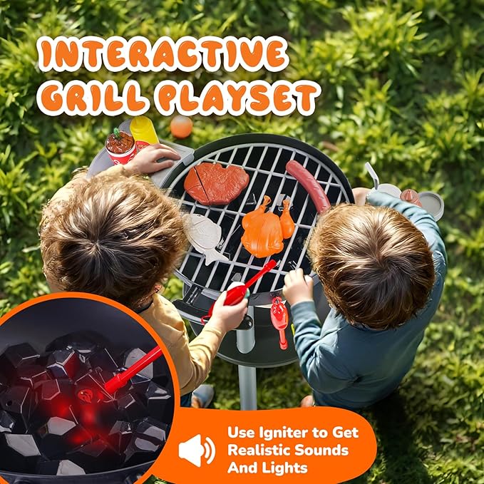 47 PCS Kids Kitchen Toys Set, Kids Toy Grill Playset, Interactive Toy BBQ Grill Set with Sound&Light, Pretend Play Outdoor Barbecue Cooking Toys, Christmas Birthday Gift for Kids Boys Girls Ages 3+