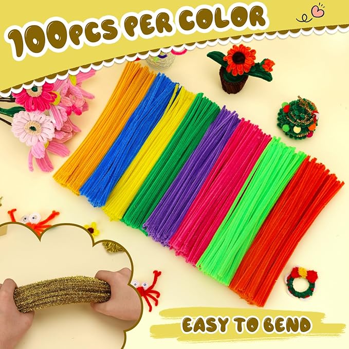 Hssugi 100pcs Pipe Cleaners, Glitter Yellow Pipe Cleaners Craft Supplies,Chenille Stems for DIY Arts Crafts Project(Glitter Yellow)