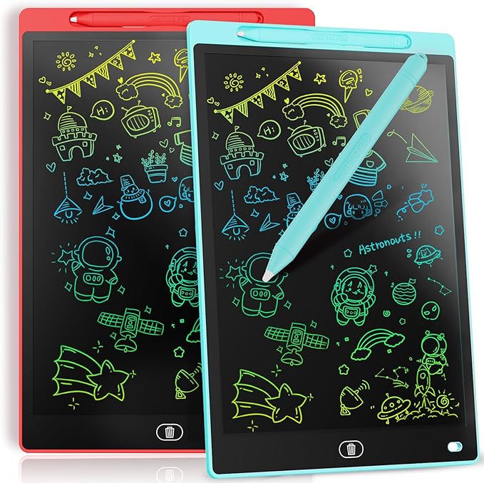 [2 Pieces] 10 Inch LCD Colorful Writing Graphic Tablet, Erasable Drawing Board, Kids Gift, Graphic Board for Games for 3 4 5 6 7 Years (Blue & Red)