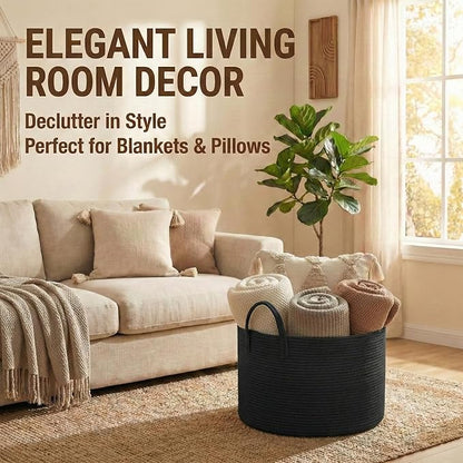 JMvicyroam 115L Extra Large Blanket Basket for Living Room - Woven Cotton Rope Laundry Hamper with Reinforced Handles - Storage Bin for Pillows, Comforters & Toys - Machine Washable,Black
