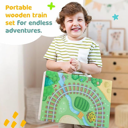 Bimi Boo 26-Piece Wooden Take-Along Tabletop Railroad Play Set for Toddlers - Premium Wood Railway Set for Kids 3+ Year Old - Magnetic Train Kit for Pretend Play - Includes Carry Case with Handle