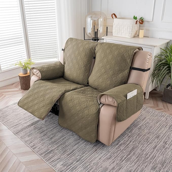 Easehomey Waterproof Loveseat Recliner Cover,Non Slip Reclining Couch Covers for 2 Seat,Dog Chair Cover Furniture Protector Washable Chair Cover with Pocket for Kids,Pets,Dogs(Khaki,2Seat)