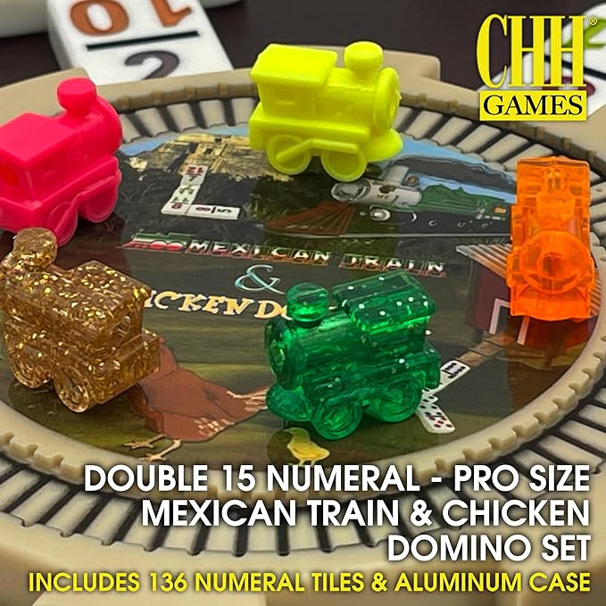 Double 15 Numeral Pro Size Mexican Train & Chicken Domino Set in Aluminum Case